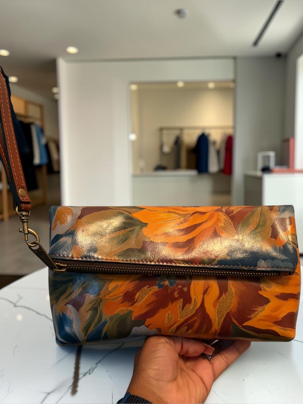 Patricia Nash Hand-Painted Floral Foldover Wristlet in Brown, Orange & Blue